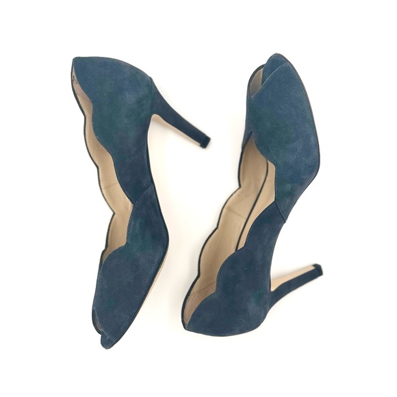 Hobbs of London Blue Suede Peep Toe Heels with Scalloped Sides - Picture 7 of 10